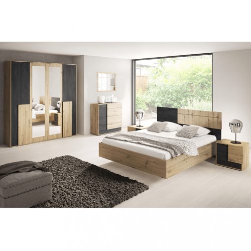 Hálószoba szett (ágy+2x éjjeliszekrény+szekrény), artisan tölgy/fekete norvég fenyő, BAFRA