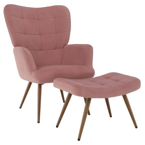 Fotel lábtartóval, rózsaszín Velvet szövet/tölgy, HABEN