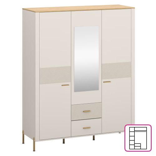 Szekrény tükörrel, kasmír/kő tölgy, RUNOL 3D2S