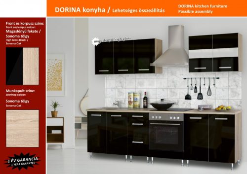 DORINA 2m konyhablokk (ÚJ!) MDF magasfényű front (Fekete)